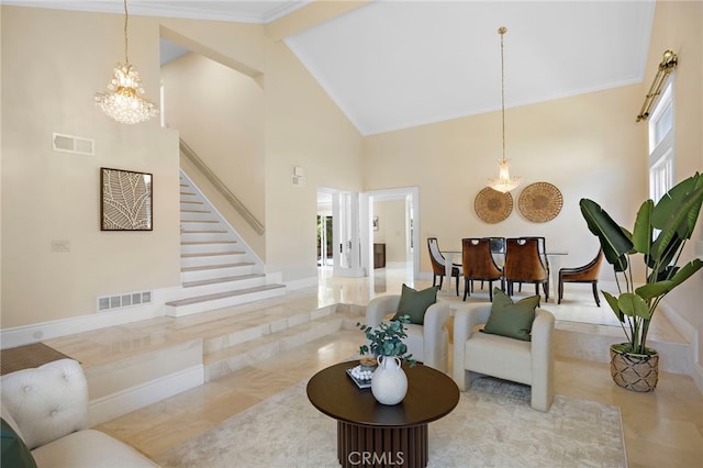 26582 Maside, Mission Viejo, CA 92692 - tiled living area with a chandelier, high vaulted ceiling, ornamental molding, and stairs