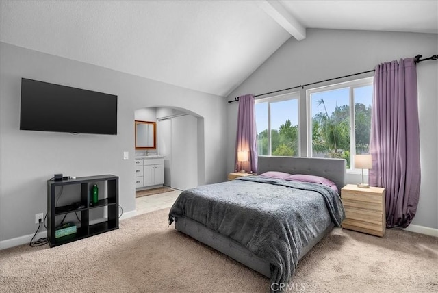 1380 Le Conte, Riverside, CA 92507 - bedroom featuring carpet, arched walkways, and connected bathroom