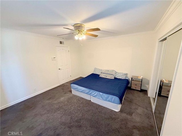 21045 Hemmingway St, Canoga Park, CA 91304 - carpeted bedroom with a closet, crown molding, and ceiling fan