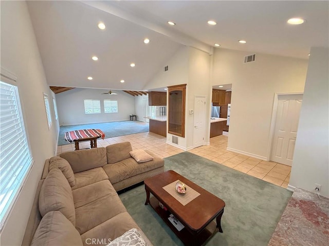 21045 Hemmingway St, Canoga Park, CA 91304 - living area featuring light tile patterned floors, recessed lighting, high vaulted ceiling, a ceiling fan, and beam ceiling