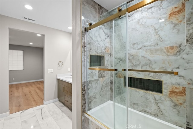 431 Daniella Way, Perris, CA 92570 - full bath featuring vanity, bath / shower combo with glass door, recessed lighting, and marble look tile flooring