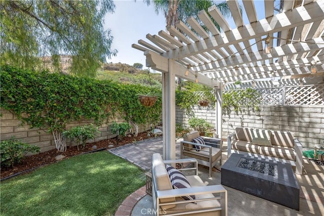 22943 Banyan Pl Unit 306, Saugus, CA 91390 - fenced backyard with an outdoor living space with a fire pit, a patio area, and a pergola