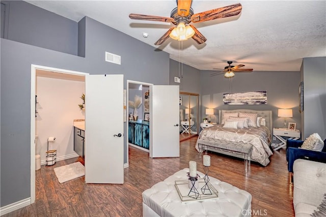 22943 Banyan Pl Unit 306, Saugus, CA 91390 - bedroom featuring wood finished floors, high vaulted ceiling, ceiling fan, and a textured ceiling