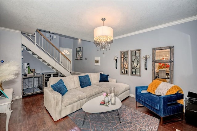22943 Banyan Pl Unit 306, Saugus, CA 91390 - living area featuring stairway, wood finished floors, a chandelier, crown molding, and a textured ceiling