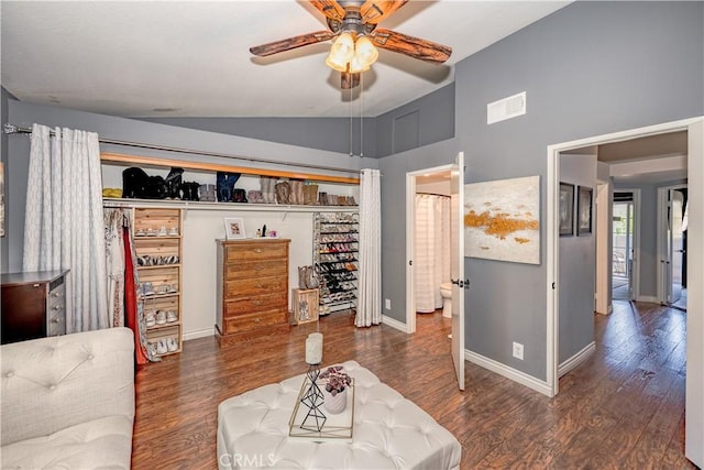 22943 Banyan Pl Unit 306, Saugus, CA 91390 - living room with vaulted ceiling, a ceiling fan, and wood finished floors