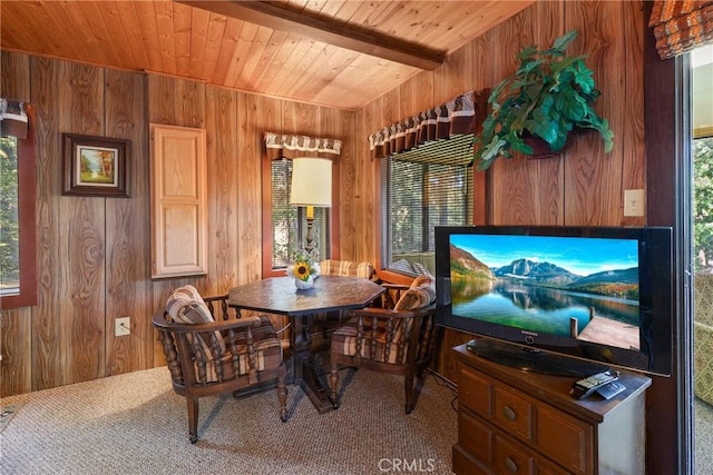26314 Jacqueline Rd, Twin Peaks, CA 92391 - carpeted dining space with wooden walls, wooden ceiling, and healthy amount of natural light