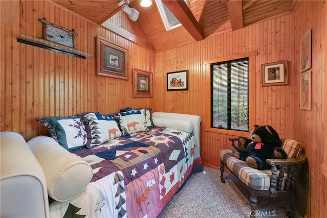 26314 Jacqueline Rd, Twin Peaks, CA 92391 - bedroom featuring vaulted ceiling, a skylight, wooden walls, carpet floors, and wooden ceiling
