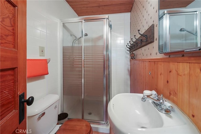 26314 Jacqueline Rd, Twin Peaks, CA 92391 - full bathroom featuring a stall shower, wainscoting, tile walls, and wood ceiling