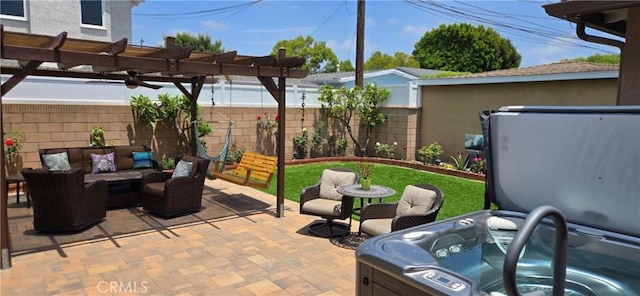 5215 E Monlaco Rd, Long Beach, CA 90808 - view of patio featuring a hot tub, an outdoor living space, and a pergola