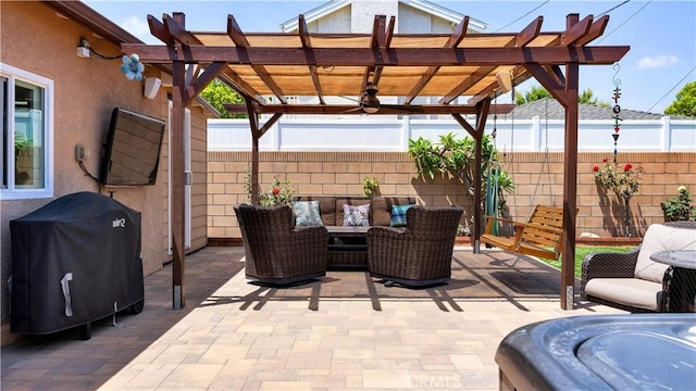 5215 E Monlaco Rd, Long Beach, CA 90808 - fenced backyard featuring a pergola, grilling area, outdoor lounge area, a patio area, and a ceiling fan