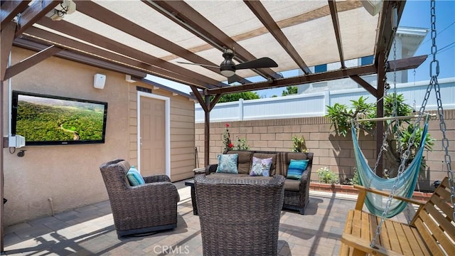 5215 E Monlaco Rd, Long Beach, CA 90808 - view of patio with a ceiling fan, an outdoor living space, and a pergola