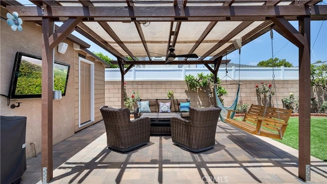 5215 E Monlaco Rd, Long Beach, CA 90808 - fenced backyard featuring a pergola, outdoor lounge area, and a patio