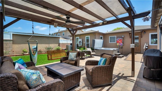 5215 E Monlaco Rd, Long Beach, CA 90808 - view of patio featuring a hot tub, outdoor lounge area, a ceiling fan, a pergola, and grilling area