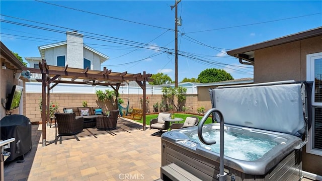 5215 E Monlaco Rd, Long Beach, CA 90808 - fenced backyard featuring a hot tub, a pergola, a patio, grilling area, and an outdoor living space