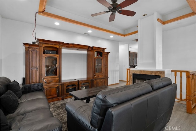 6739 Palm Ave, Riverside, CA 92506 - living area featuring a ceiling fan, recessed lighting, light wood-style floors, and a tile fireplace