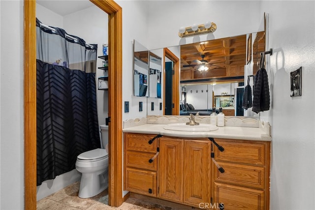 6739 Palm Ave, Riverside, CA 92506 - full bath featuring a ceiling fan, vanity, a shower with shower curtain, and tile patterned floors