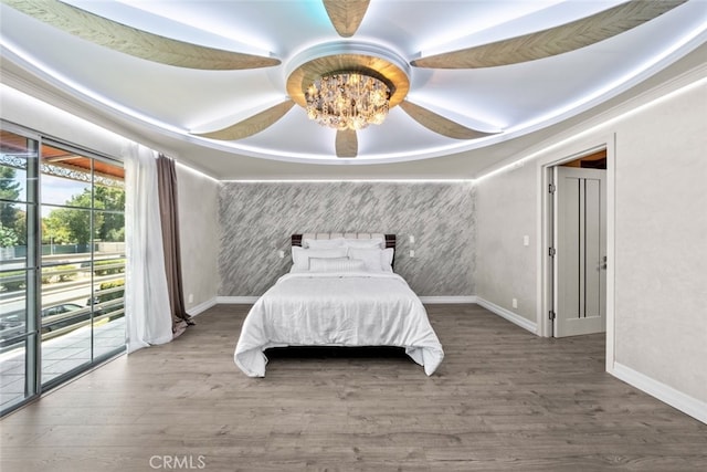 6355 Yolanda Ave, Tarzana, CA 91335 - bedroom featuring access to exterior, wood finished floors, wallpapered walls, and a ceiling fan