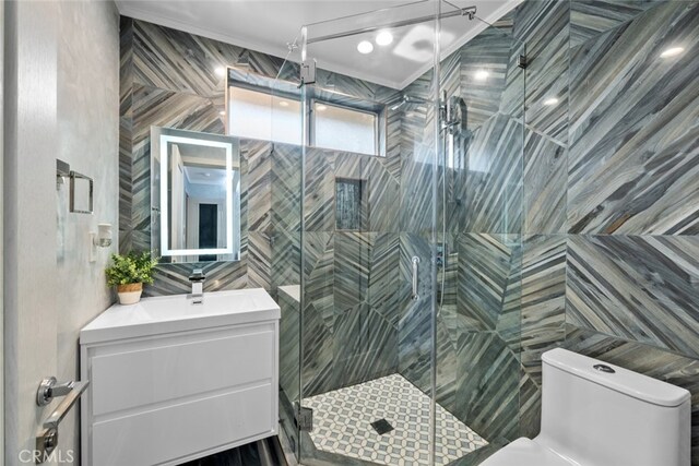 6355 Yolanda Ave, Tarzana, CA 91335 - full bathroom with vanity, tile walls, a stall shower, and crown molding