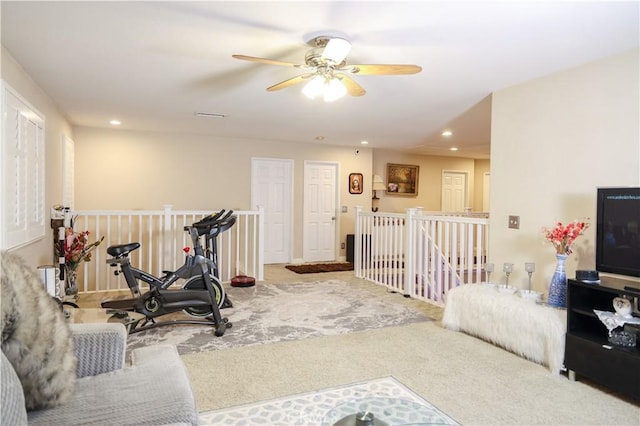 12170 Orgren Ave, Chino, CA 91710 - workout room with carpet flooring, a ceiling fan, and recessed lighting