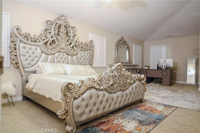 12170 Orgren Ave, Chino, CA 91710 - carpeted bedroom with a desk, vaulted ceiling, and ceiling fan