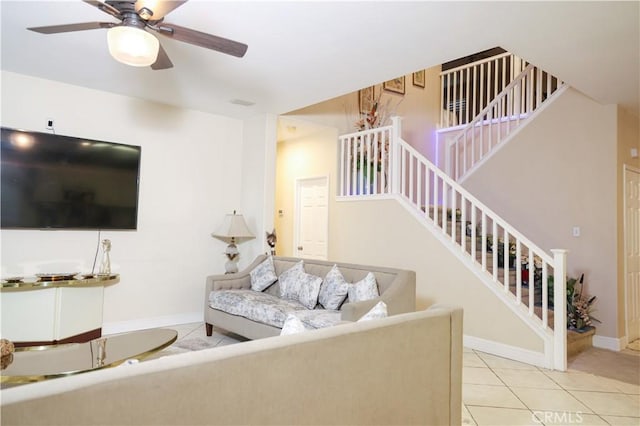 12170 Orgren Ave, Chino, CA 91710 - living room with stairway, a ceiling fan, and tile patterned flooring