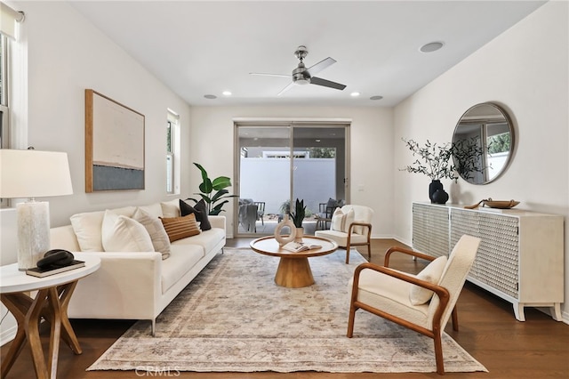 143 Hollow Tree, Irvine, CA 92618 - living area with a ceiling fan, dark wood-style floors, and recessed lighting