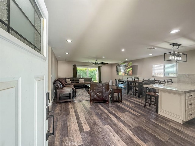 2288 Marilyn St, Simi Valley, CA 93065 - living area with dark wood-type flooring, recessed lighting, and a ceiling fan