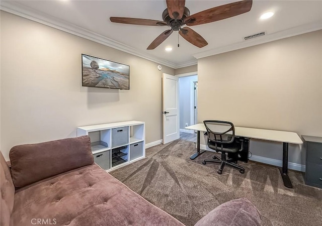 2288 Marilyn St, Simi Valley, CA 93065 - office with carpet, recessed lighting, a ceiling fan, and ornamental molding