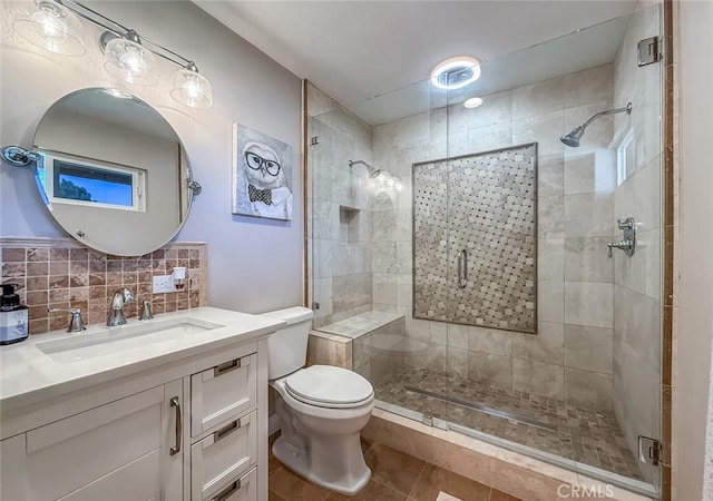 2288 Marilyn St, Simi Valley, CA 93065 - bathroom featuring tile patterned floors, vanity, a shower stall, and decorative backsplash