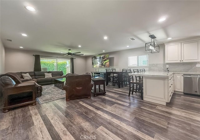 2288 Marilyn St, Simi Valley, CA 93065 - living area with dark wood-style flooring, plenty of natural light, recessed lighting, and a ceiling fan