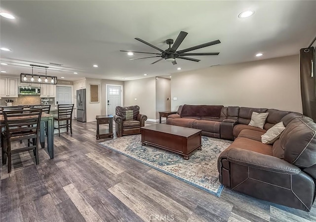 2288 Marilyn St, Simi Valley, CA 93065 - living area featuring recessed lighting, a ceiling fan, and dark wood-style floors