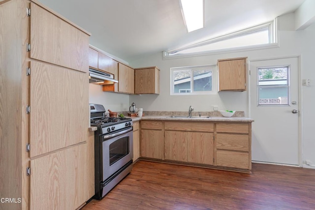 328 Bettyhill Ave, Duarte, CA 91010 - kitchen featuring stainless steel range with gas cooktop, under cabinet range hood, light brown cabinetry, and healthy amount of natural light