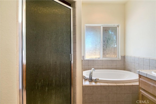 11471 Azure View Rd, Pinon Hills, CA 92372 - bathroom with vanity, a shower stall, and a garden tub