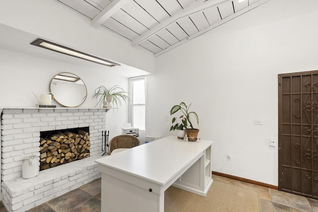 205 C St, Chula Vista, CA 91910 - office featuring a brick fireplace, stone finish flooring, and wooden ceiling
