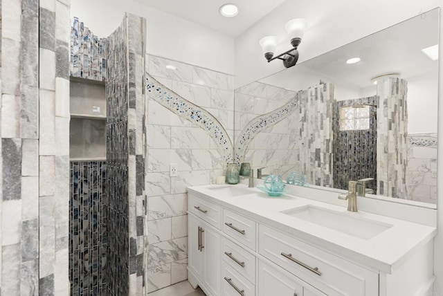 12405 Royal Rd, El Cajon, CA 92021 - full bath featuring double vanity, a tile shower, and tile walls