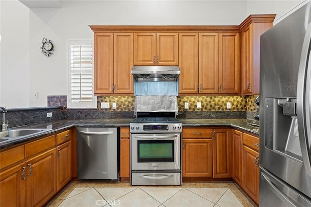5517 Welland Ave Unit B, Temple City, CA 91780 - kitchen with appliances with stainless steel finishes, under cabinet range hood, tasteful backsplash, and brown cabinets