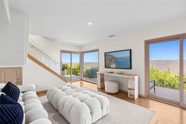 1324 Pitcairn Pl, Laguna Beach, CA 92651 - living area with plenty of natural light, wood finished floors, recessed lighting, and a mountain view