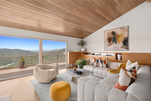 1324 Pitcairn Pl, Laguna Beach, CA 92651 - living room with lofted ceiling, wood ceiling, a mountain view, and wood finished floors
