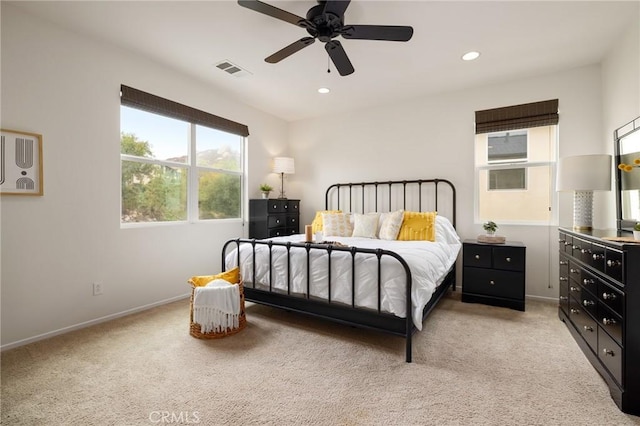 30644 Stage Coach Rd, Menifee, CA 92584 - bedroom featuring light colored carpet, recessed lighting, and ceiling fan