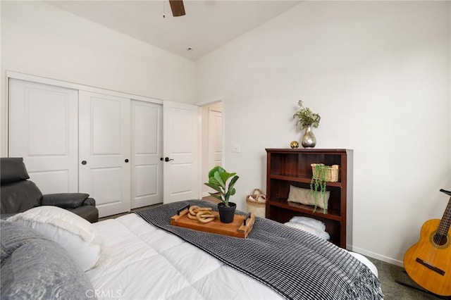 30644 Stage Coach Rd, Menifee, CA 92584 - carpeted bedroom featuring a closet, a towering ceiling, and a ceiling fan