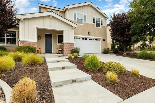 30644 Stage Coach Rd, Menifee, CA 92584 - view of front of home with an attached garage, brick siding, driveway, covered porch, and board and batten siding