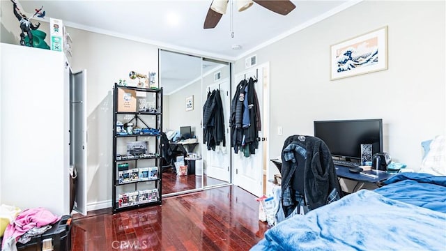 3375 Fuchsia, Costa Mesa, CA 92626 - bedroom with crown molding, wood finished floors, an office area, and a ceiling fan
