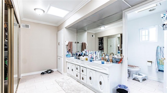 3375 Fuchsia, Costa Mesa, CA 92626 - full bathroom with tile patterned flooring, double vanity, a spacious closet, and ornamental molding