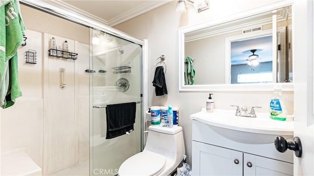 3375 Fuchsia, Costa Mesa, CA 92626 - bathroom with crown molding, vanity, a shower stall, and ceiling fan