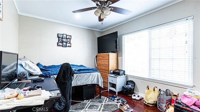 3375 Fuchsia, Costa Mesa, CA 92626 - bedroom with wood finished floors, ornamental molding, and ceiling fan
