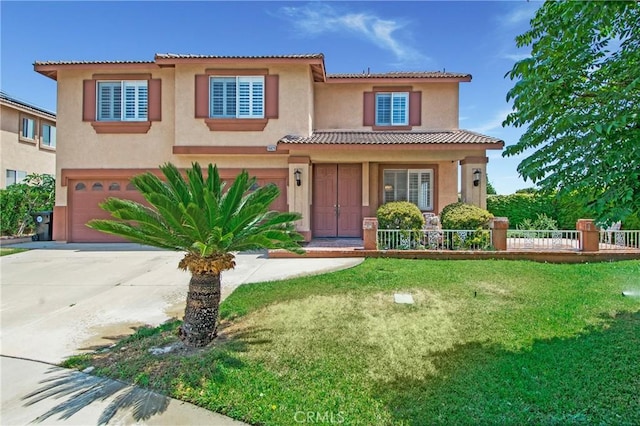 15029 Coyote Ct, Fontana, CA 92336 - mediterranean / spanish home with stucco siding, a garage, a tiled roof, and concrete driveway