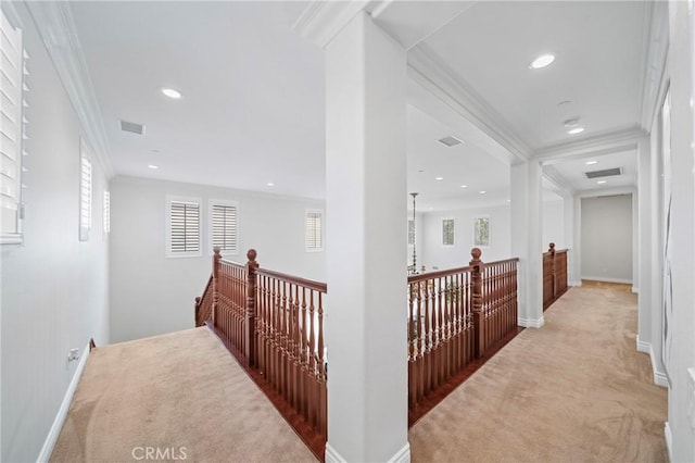 53 Interlude, Irvine, CA 92620 - hallway featuring carpet floors, an upstairs landing, crown molding, recessed lighting, and healthy amount of natural light