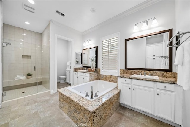 53 Interlude, Irvine, CA 92620 - full bathroom featuring ornamental molding, a shower stall, a bath, vanity, and recessed lighting