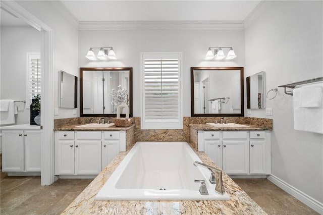 53 Interlude, Irvine, CA 92620 - bathroom with ornamental molding, two vanities, and a bath