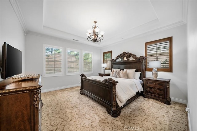 53 Interlude, Irvine, CA 92620 - bedroom with a raised ceiling, a chandelier, ornamental molding, and light colored carpet